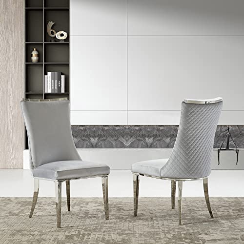 Azhome Dining Chairs, Light Grey Velvet Upholstered Dining Room Chairs In Diamond Quilted Backrest And Decorated Cap, Stylish Silver Mirror Stainless Steel Metal Legs, Set Of 4 #TOP1