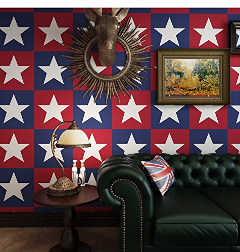 Prior.choice 10X0.53M Red Blue White Stars Stripes Captain America Embossed Textured Non-Woven Wallpaper Roll for Children Bedroom Livingroom 1.73' W x 32.8' L=5.3㎡ (57sq.ft) (Stars)