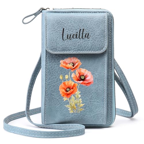 Personalized Leather Birthflower Money Clip Wallet Custom Engraved Name Hold Phone Purse with Wrist Strap for Women Mom Sister
