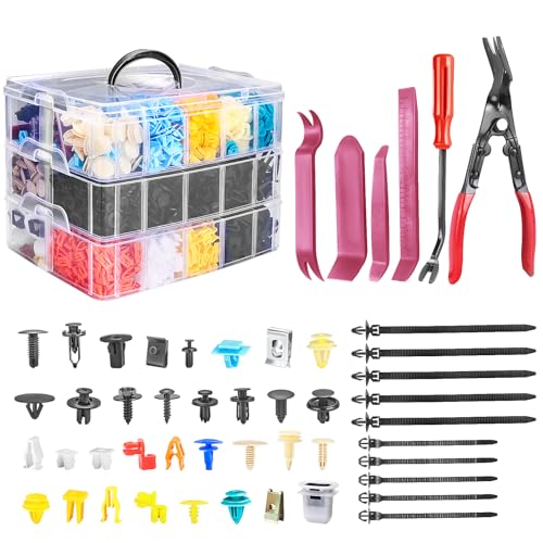 2080Pcs Car Retainer Clips & Fasteners Kit – 33 Universal Sizes Nylon Bumper, Fender Rivets, Door Panel Clips, and Plastic Rivets with 10 Cable Ties and Removal Tool for Toyota, Ford (2080pcs)