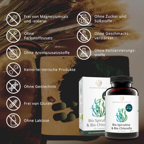 MAISON NATURELLE® | Bio Spirulina & Chlorella Mix (500 Stück) - Hochdosiert mit 2400mg Bio-Spirulina Alge & 2400mg Bio Chlorella Alge je Tagesdosis