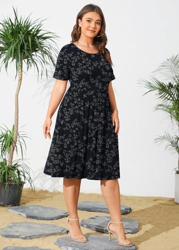 Image of POSESHE Womens Plus Size Summer Dress 2026 Casual Short Sleeve Empire Waist Loose Fit Swing T-Shirt Dress with Pockets