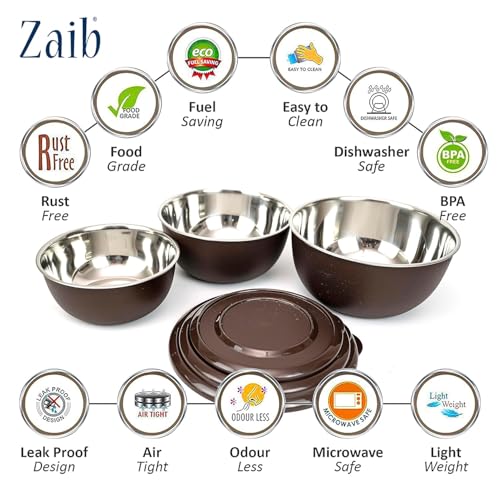 Image of Zaib Microwave Safe Stainless Steel Food Storage Container with Lid | Euro Mixing Bowl Set for Kitchen | 500ml, 800ml, 1250ml | Pack of 3 | Reheatable, Leak-Proof, BPA-Free (3 Classic Dark Brown)