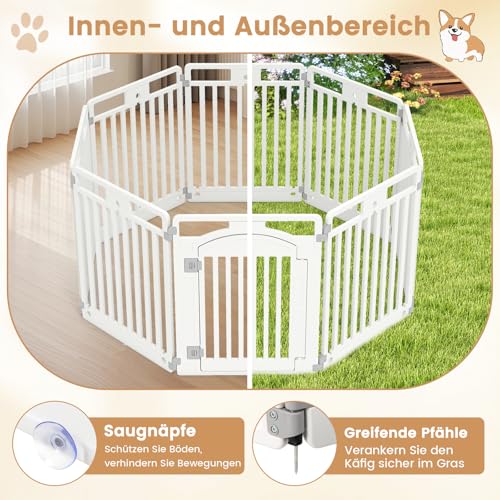 COSTWAY Welpenauslauf faltbar, Welpenlaufstall mit 8 Paneelen, abschließbarer Tür & Bodennägeln, 80 cm hoch, Hundelaufstall Outdoor Indoor, Laufstall Hund, Hundeauslauf aus Kunststoff, Weiß