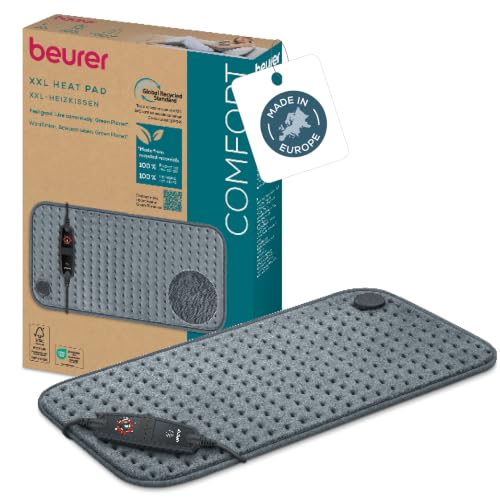Beurer HK 123 Cosy Grey Almohadilla Eléctrica, Parte Superior e Inferior de Acogedor Material Reciclado, 6 Ajustes de Temperatura y Desconexión Automática, Lavable a Máquina, 60 x 30 cm
