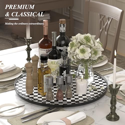 Image of 21 inch Black and White Kitchen Lazy Susan Turntable, Round Checkered Decorative Tray, Large Lazy Susan for Dining Table Centerpiece, Pantry, Kitchen, Bathroom, Countertop, Cupboard, Home Decor