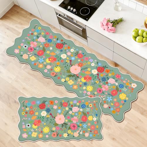 LUUFILx Floral Scalloped Kitchen Mats 2PC Kitchen Mats Rugs for