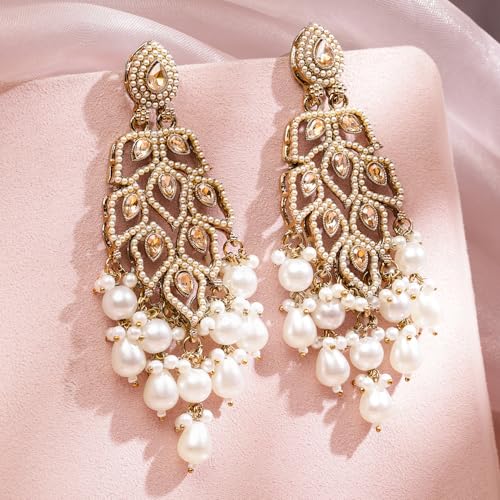 Image of Rubans Long Dangler Earrings Kundan & Pearl Ethnic Jewellery Gift for Women & Girls