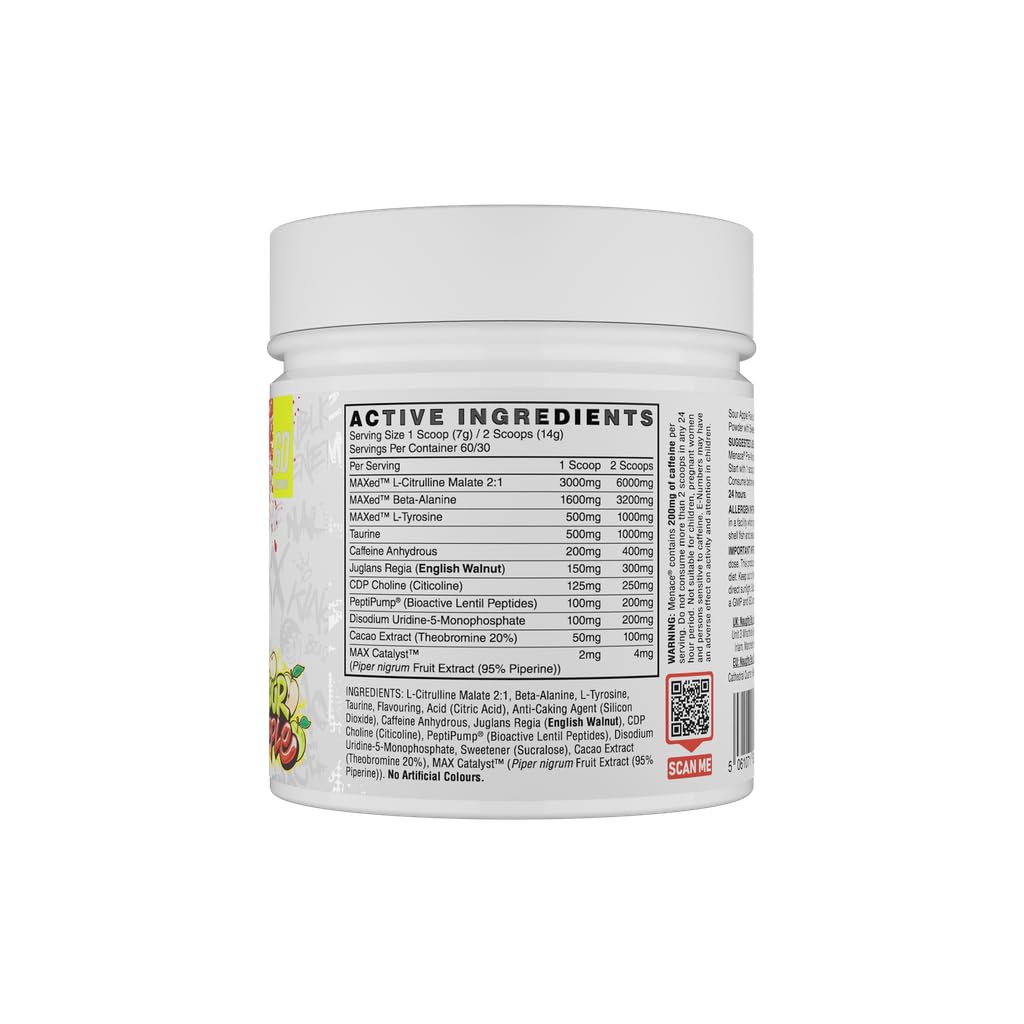 Naughty Boy Menace V2 Pre Workout – AI Powered Pre Workout Pulver für Männer & Frauen | Energy Drink Supplements | Peptipump, Citrullin, Beta Alanin | 60 Portionen | Sour Apple