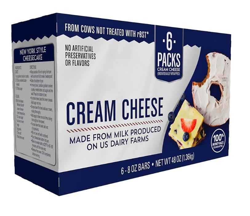 Cream Cheese Block contains many opportunities to be creative throughout your day. Has no artificial preservatives or flavors, so you can have a satisfying snack you won't feel guilty about. fun way to add something delicious to every meal. Beyond desserts, this creamy, spreadable, and smooth cream cheese is also perfect on your favorite veggies, bagels, crackers, pasta sauces, dips, and more. 6 PK [ 48 oz , 3 lb ]