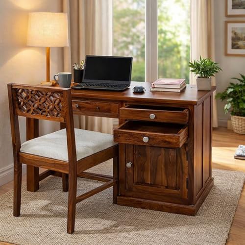 Image of Sheesham Wood Study Table for Bedroom 2 Drawer,1 Storage Cabinet with Keyboard Trey with Flora Chair with Matte Finished (Honey Oak Color)