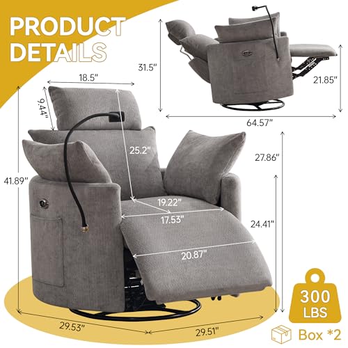 Image of Power Recliner Chairs, 360 Swivel Rocking Chair Nursery with USB /Type-C & Phone Holder, Gilder Reclining Chair with Side Pocket for Adults, Barrel Recliners for Living Room, Chenille Light Grey