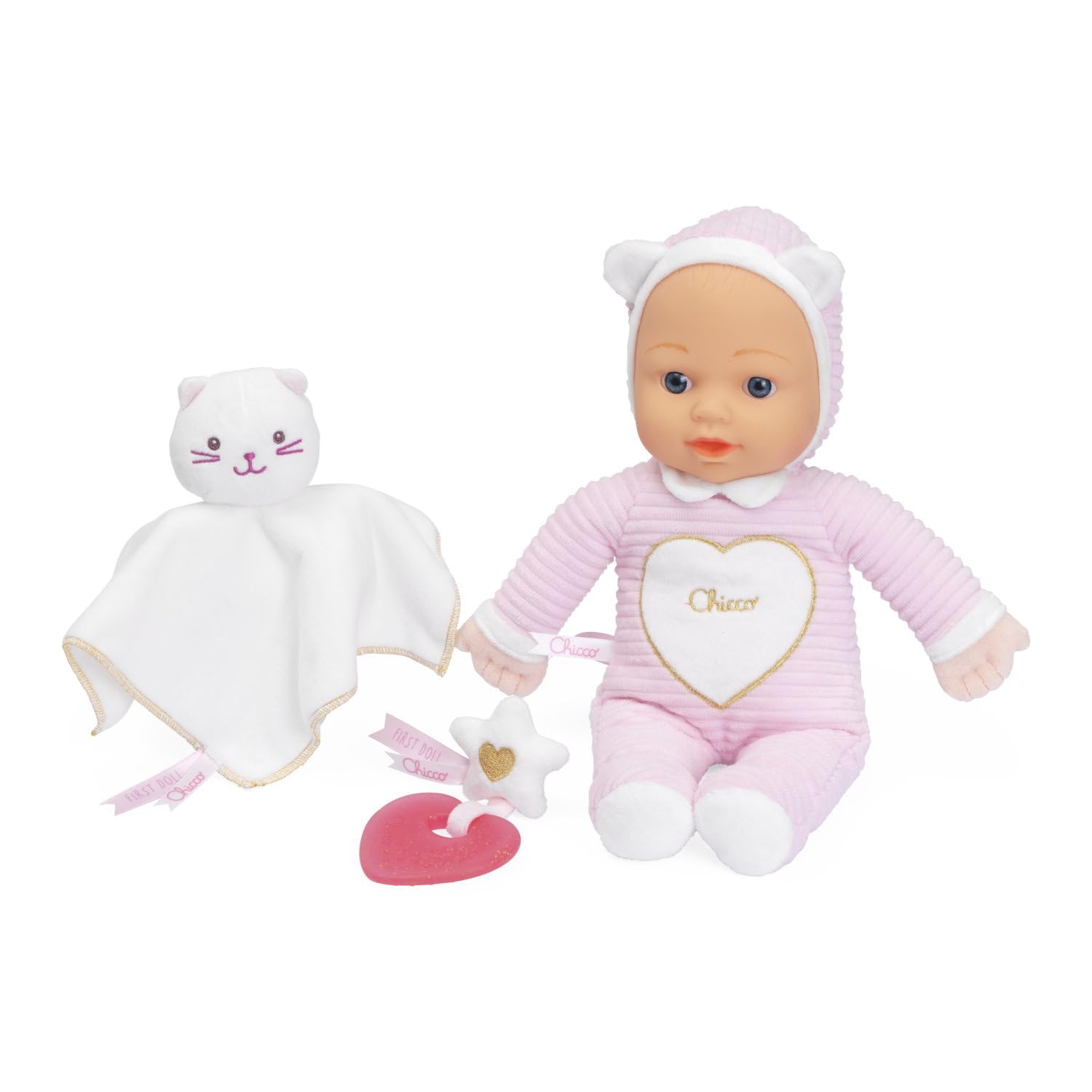 Chicco Set Regalo Nascita Bambola Morbida, Doudou Gattino e Dentinale Glitterato a Cuore, Lavabile, Soffice e Sicuro, Gioco di Ruolo, 0 Mesi