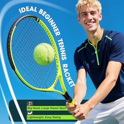 Image of AboveGenius 27 inch Tennis Racket Set,2 Pack Adult Tennis Racquets for Beginners & Intermediate,Pre-Strung 105sq in Oversized Head,Include 3 Balls, 2 Overgrips & Carry Bag for Women & Men (Yellow /Orange)
