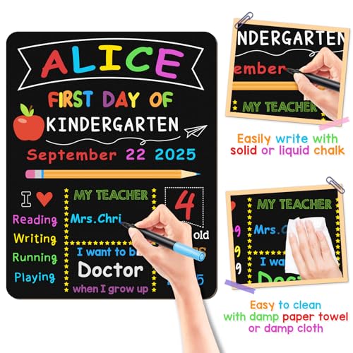 Image of First & Last Day of School Board, 10.3 x 13 Inch Double Sided Back to School Sign for Kids /Girls /Boys, Reusable Wooden 1st Day of Preschool /Kindergarten Chalkboard