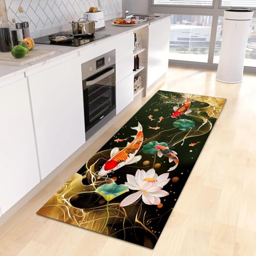 Alfombra de pasillo para el dormitorio con estampado de loto y peces 5