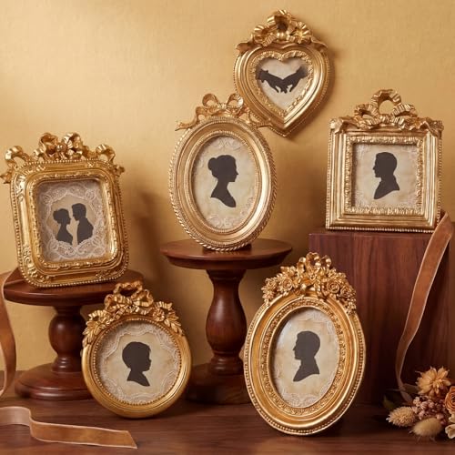 Kathfly 6 Pcs Mini Vintage Picture Frame for Wedding Decor Gold Tiny Picture Frames Bulk Antique Photo Frame Resin Baroque Ornaments with Floral Relief Panel and Rack Stand for Wall(Golden,Romantic)