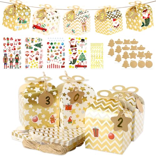 FEMONGY Adventskalender zum befüllen, Papierdrachen adventskalender, 24 Papierboxen + 24 Zahlenaufkleber + 24 Hängeetiketten + 4 DIY-Weihnachtsaufkleber + 10 m Hanfseil, Für Szenerie und Dekoration