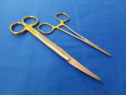 2 PCS GOLD HANDLE PREMIUM O.R GRADE SUTURE LACERATION KIT MOSQUITO HEMOSTAT LOCKING FORCEPS 5