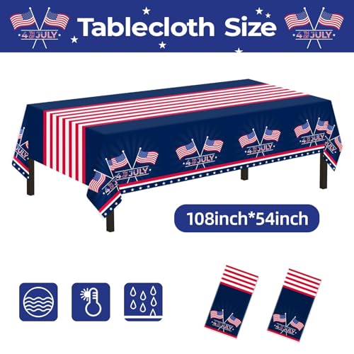 Image of Childom 2 Pack Patriotic Tablecloth,Patriotic Decorations 54 inch x 108 inch Disposable American Flag Tablecloth,Plastic Table Cover for Veterans Day Decorations,Fourth of July,Camping,Picnic,Party Supplies