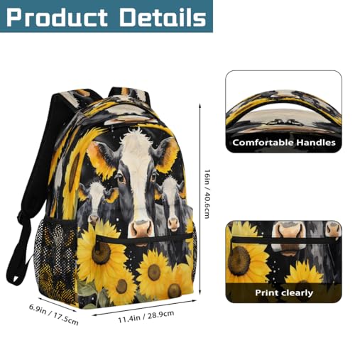 Retro Sunflower Cow Floral Kids Backpack, Lightweight School Bookbag Large Capacity Laptop Backpack Water Resistant Daypack Shoulder Bag for Teenager Boys Girls2