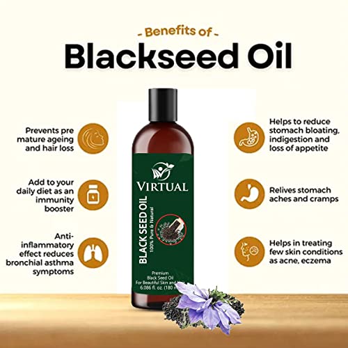 Image of VIRTUAL 100% Pure Black Seed Oil For Hair Growth, Skin Care, Cold Pressed Natural Kalonji /Nigella Sativa Oil (180ml)