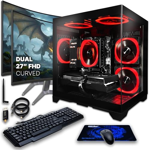 Image of SAAV Drex Prebuilt Gaming PC Bundle Desktop Tower Intel Core i7-12700KF Radeon RX 9060 XT 8GB GDDR6 Dual Curved 27in Monitors 16GB DDR4 512GB NVMe SSD WiFi 6 Windows 11 Black RGB Computer PC Gaming
