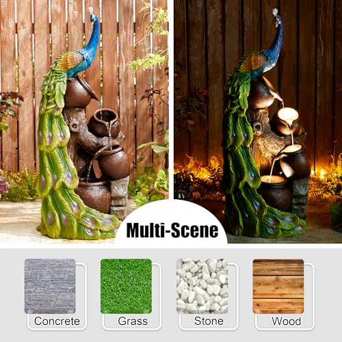 Image of Glitzhome 4-Tier Peacock and Jars Outdoor Water Fountain with LED Light, 40 inchH Oversized Resin Peacock Sculpture Waterfall Fountain with Submersible Pump for Garden Patio Porch