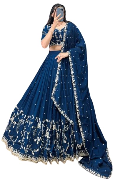 Image of Suppar Sleave Women's Embroidered Vichitra Silk Lehenga Choli Dupatta Set Semi-Stitched Blouse and Fit & Flare Style
