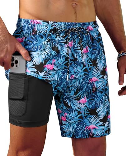 7inch Mens Swim Trunks: 2 in 1 Compression Lined Quick Dry Stretchy Soft Comfort Pockets Drawstring Beach Pool Surf