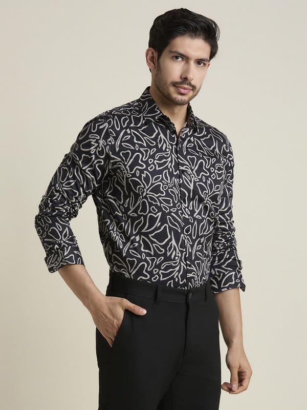 Image of MARK & ALBERT Men's Printed Full Sleeves Regular Fit Shirt Blue | 100% Cotton Stretchable Fabric