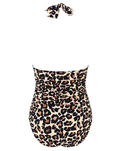 Rxrxcoco Women V Neck One Piece Swimsuits Tummy Control Ruched Swimwear Halter Bathing Suit Leopard X-Large #TOP3