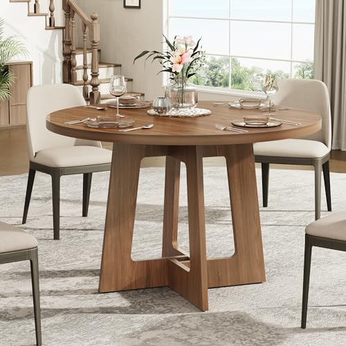 Sanyz Round Dining Table for 4, Farmhouse Kitchen Table, Wooden Circle Dinner Room Table for Home Dining Room Kitchen Living Room (Walnut Brown)