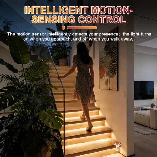 Image of Smart Motion Sensor Stair Lights,16 Step COB Strip Kit with App Remote | PIR Motion Detection Staircase Lighting Automatic Dynamic Effects Always-On Mode Step-by-Step Illumination Easy DIY Setup