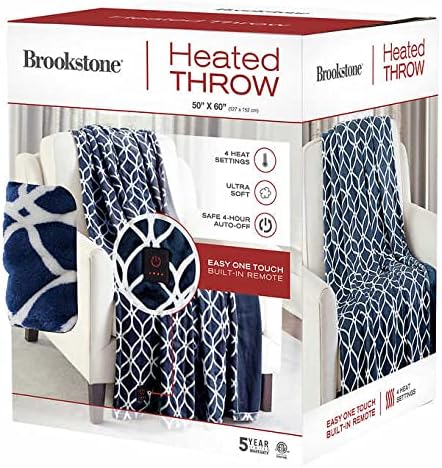 Product packaging for the Brookstone Heated Throw, showing features like 4 heat settings, ultra soft, safe 4-hour auto-off, and easy one-touch built-in remote.
