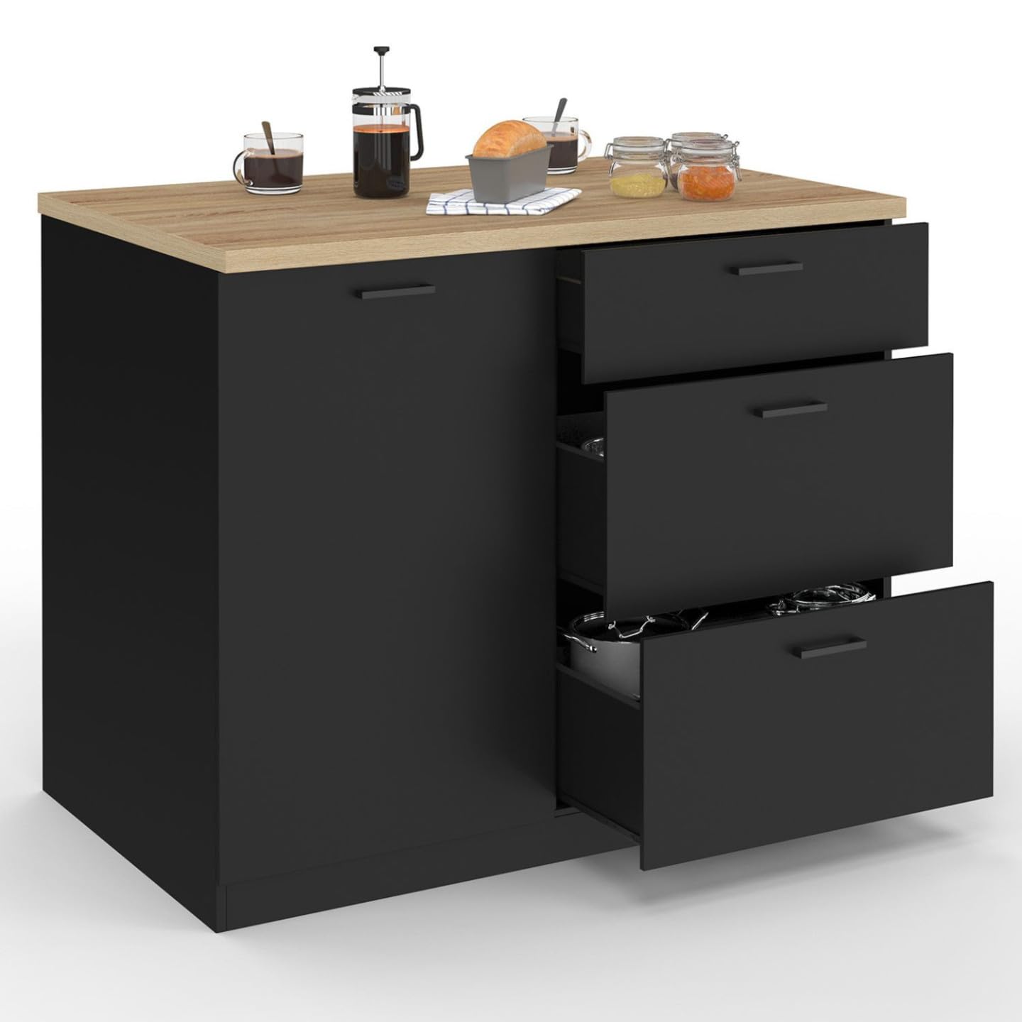 IDMarket - Ilot Central TIBO 110 cm casserolier 3 tiroirs Bois Noir avec Plan de Travail façon hêtre