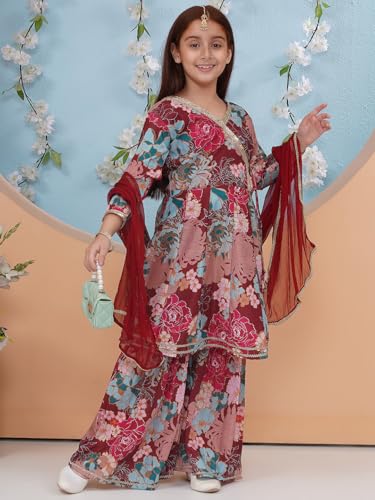 Image of Preneum Girls's Cotton Rayon Printed Angrakha Kurta with Sharara & Dupatta