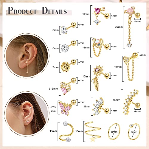 Ironbox 18Pcs Cartilage Earring Stainless Steel Stud Earrings For Women Men Flower Heart Leaf Hypoallergenic Screw Back Earrings Cz Tragus Couch Helix Piercing Jewelry Gold #TOP1