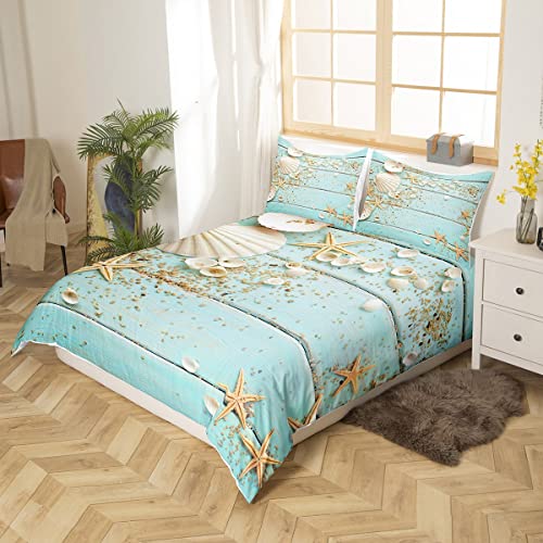 Homewish WWS8997GYY-TJ_USQ Seashell Starfish Duvet Cover Set Queen Size,Wood Stripes Bedding Set 3Pcs For Kids Teens Girls Boys Room Decor, Beach Hawaiian Style Comforter Cover Summer Teal Quilt Cover thumb #2
