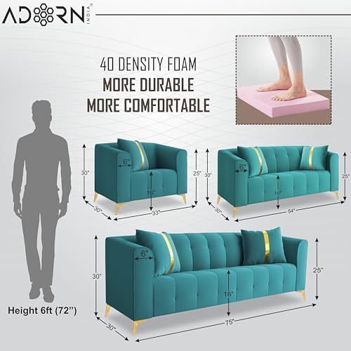 Image of Adorn India Premium Mystic - 3 Years Warranty - 3+1+1 Sofa Set Velvet Suede Fabric - Aqua Blue