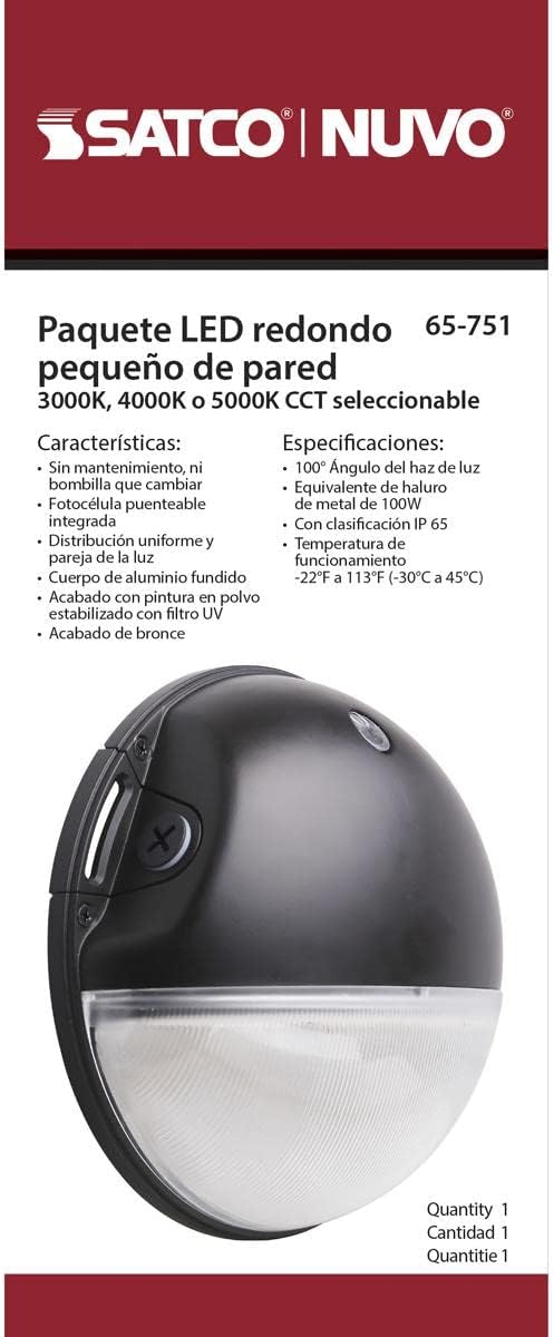 Nuvo 65/751 LED CCT Selectable Small Round Aluminum Outdoor Wall Pack Light, 3000K/4000K/5000K, 20W, Bronze