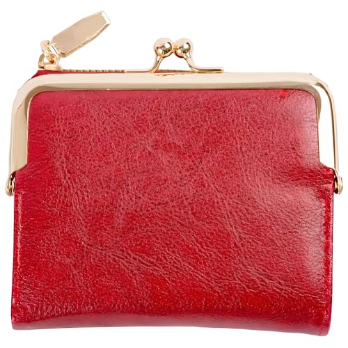 4.96 x 4.37 Inch PU Leather Small Kiss Lock Wallet Ladies Compact Bifold Coin Purse RFID Blocking Vintage Rectangle Wallet With Zipper for Women Travel Money Organizer (Red)