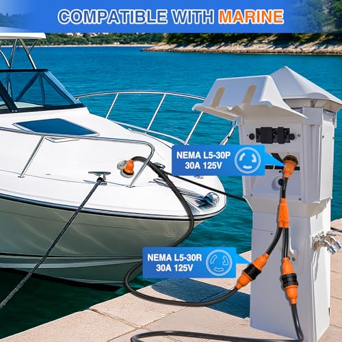 Image of Nilight 30 Amp to 30Amp RV Power Adapter NEMA L5-30P to 2x L5-30R Marine Shore Y Splitter Cord w /Locking Rings Pure Copper Heavy Duty 10 AWG Cable ETL-Listed for RVs Boat Yacht Camper Outdoor Use