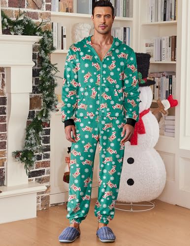 Ekouaer Mens Onesie Christmas Hoodie Fleece One Piece Pajamas Zipper Up Flannel Adult Pjs S-XXL2