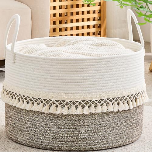 Image of KAKAMAY Cotton Rope Storage Basket (20 inchx13 inch),Woven Hamper for Blankets,Toys,Pillows,Clothes,Laundry,Sturdy Handles Decorative Basket for Living Room, Bedroom,Nursery(Beige Fringe)