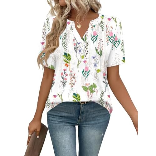 Rapbin Short Sleeve Shirts for Women Pleated V Neck Lace Blouses Dressy Casual Elegant Tops Loose peasant Summer T-Shirts