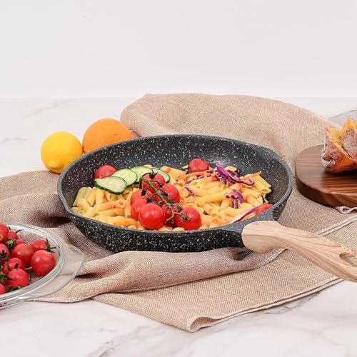 Image of Non-Stick Frying Pan with Wooden Finish Soft Touch Handle, 2.5mm Thickness, Consumes Less Oil, Even Heat Distribution, Induction Bottom and Gas Ready (Black, 20cm+24cm)