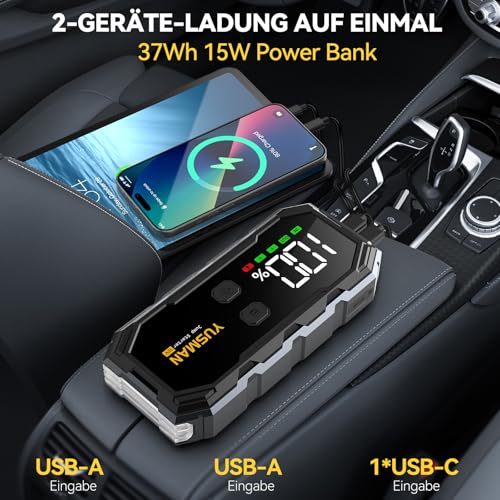 YUSMAN Starthilfe Powerbank für PKW | 8000A Autobatterie Booster für alle Fahrzeuge & 10.0L Diesel mit LED-Taschenlampe, Großdisplay & Springkabel – Ideal für SUV, Motorräder, Rasenmäher