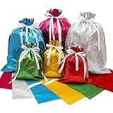 Drawstring Goodie Bags, 13Pcs Christmas Party Favor Bags, Assorted Sizes Solid Color Goodie Gift Bags, Holiday Treats Bags with Ribbon Ties and Tags in 3 Sizes, for Christmas Holiday Birthday Party