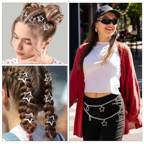 Y2k Accessories Set Included Star Y2k Silver Necklace Grunge Layered Necklace Hip Hop Pants Chain Y2K Sunglasses Star Hair Clip Y2k Silver Hair Clips Vintage Jewelry Set for Women4